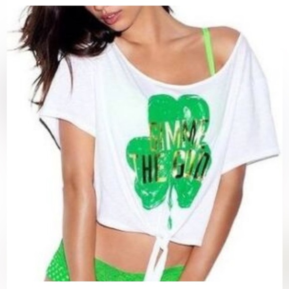 Pink Victoria's Secret GIMME THE GOLD Shamrock Cropped Tie Shirt Size XS - Picture 1 of 8